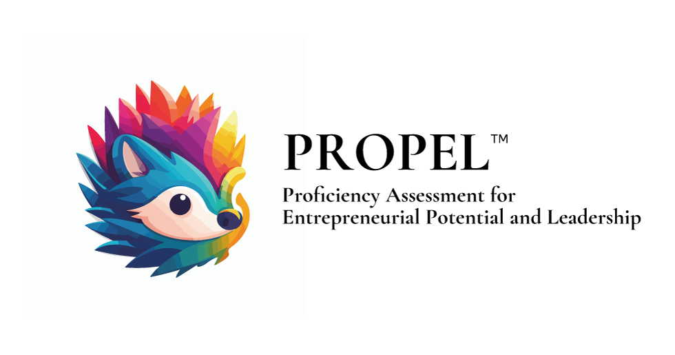 PROPEL(Proficiency Assessment for Entrepreneurial Potential and Leadership)のロゴ。カラフルなハリネズミのマークと組み合わせた文字組