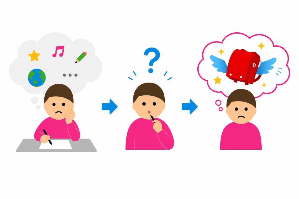 発想が広がりすぎて、現実離れしたアイデア(空を飛ぶランドセルなど)になってしまう様子