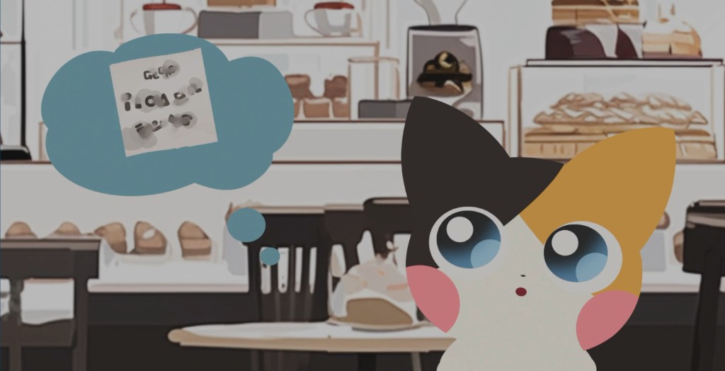 パンやケーキが並ぶカフェの店内を背景に、三毛猫のキャラクターが読めない文字のメモを思い浮かべているイラスト